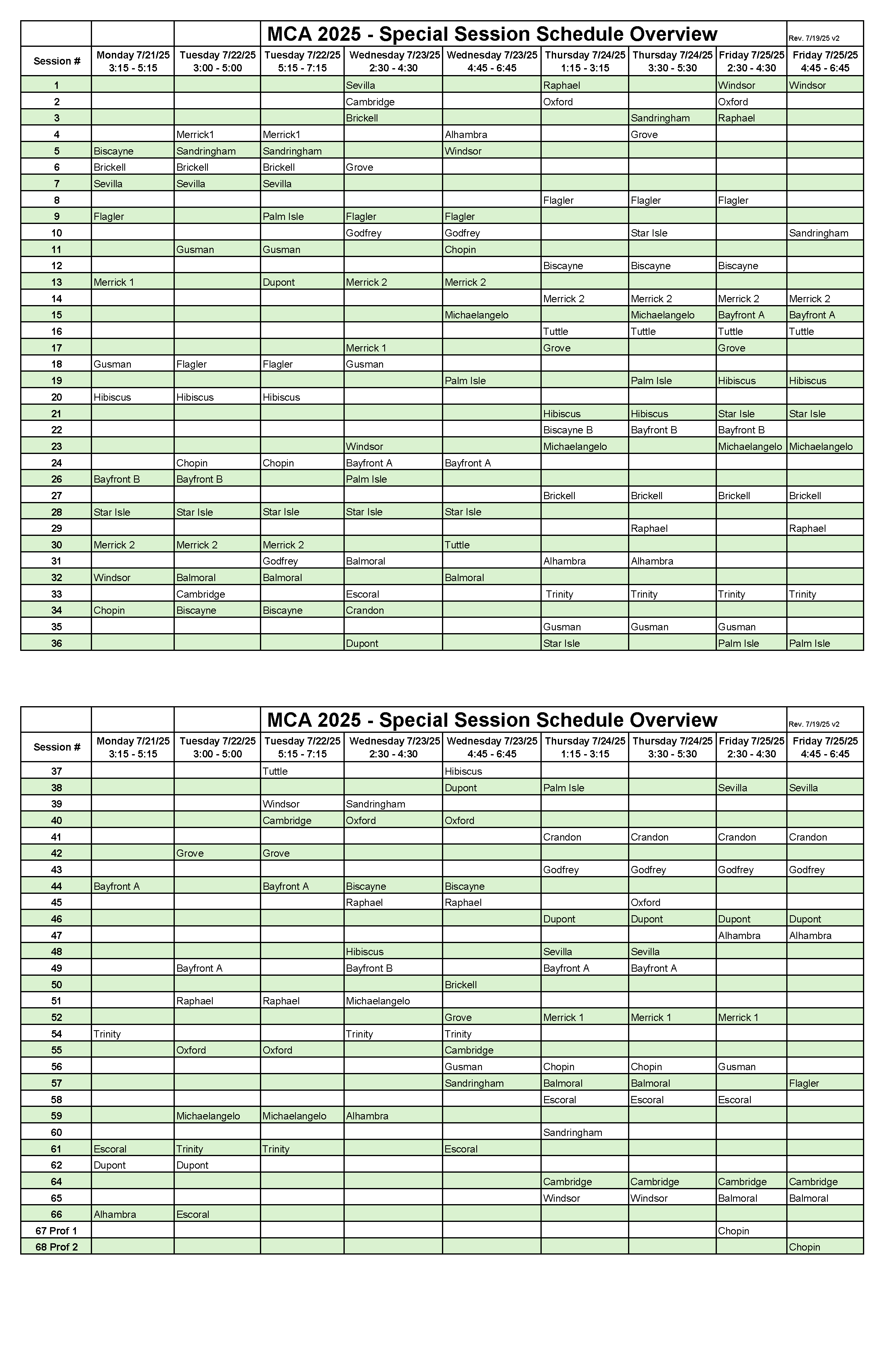 Special Session Schedule Overview